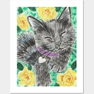 Happy cat kitten  flowers Posters and Art